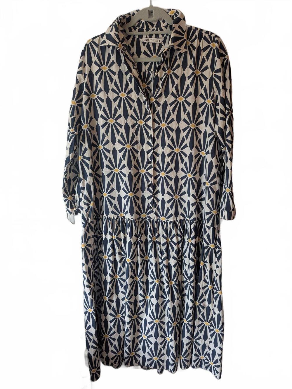 Zara Patterned Midi Dress with Collar and 3/4 Sleeves
